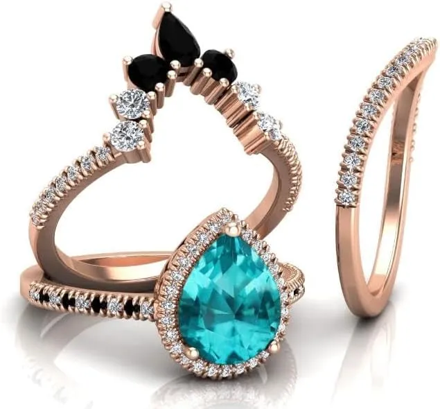 Vintage 108mm Pear Cut Paraiba Tourmaline Natural Gemstone Ring, 3pcs Crown Shaped Bridal Ring, 925 Sterling Silver Ring For Her