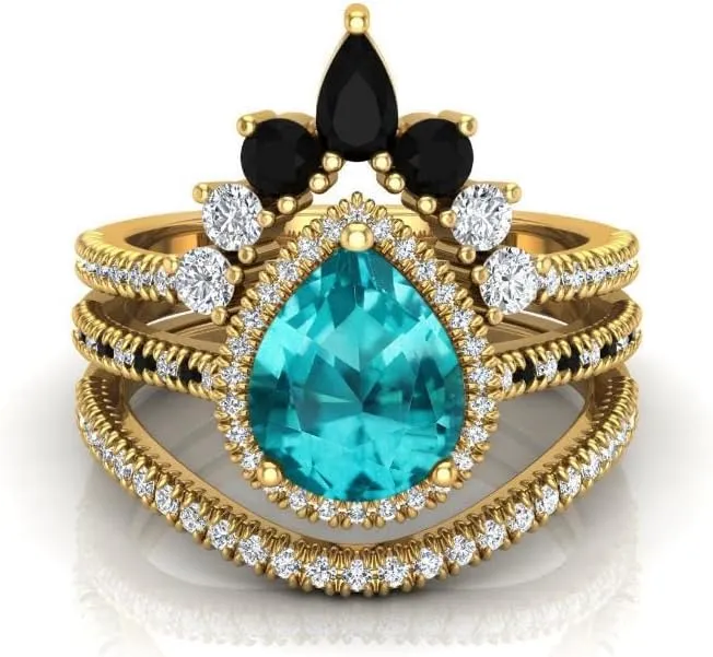 Vintage 108mm Pear Cut Paraiba Tourmaline Natural Gemstone Ring, 3pcs Crown Shaped Bridal Ring, 925 Sterling Silver Ring For Her