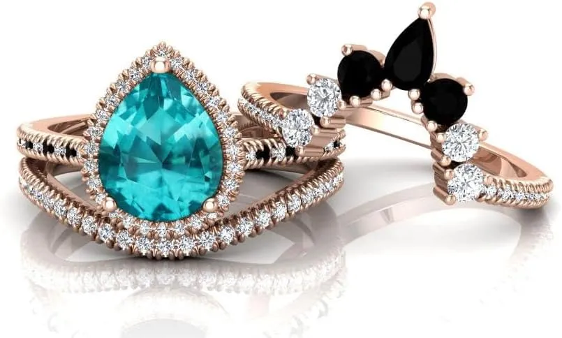 Vintage 108mm Pear Cut Paraiba Tourmaline Natural Gemstone Ring, 3pcs Crown Shaped Bridal Ring, 925 Sterling Silver Ring For Her