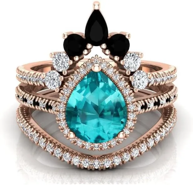 Vintage 108mm Pear Cut Paraiba Tourmaline Natural Gemstone Ring, 3pcs Crown Shaped Bridal Ring, 925 Sterling Silver Ring For Her