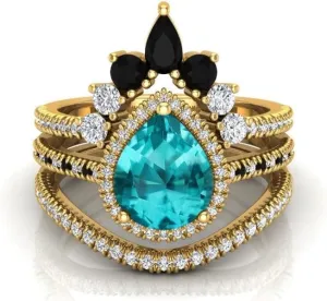 Vintage 108mm Pear Cut Paraiba Tourmaline Natural Gemstone Ring, 3pcs Crown Shaped Bridal Ring, 925 Sterling Silver Ring For Her