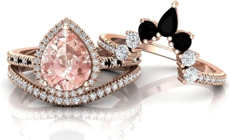 Vintage 108mm Pear Cut Pink Morganite Natural Gemstone Ring, 3pcs Crown Shaped Bridal Ring, 925 Sterling Silver Ring For Her