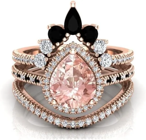 Vintage 108mm Pear Cut Pink Morganite Natural Gemstone Ring, 3pcs Crown Shaped Bridal Ring, 925 Sterling Silver Ring For Her