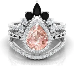 Vintage 108mm Pear Cut Pink Morganite Natural Gemstone Ring, 3pcs Crown Shaped Bridal Ring, 925 Sterling Silver Ring For Her