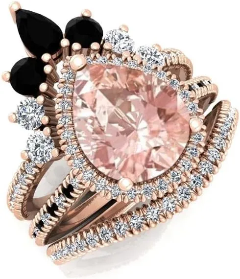 Vintage 108mm Pear Cut Pink Morganite Natural Gemstone Ring, 3pcs Crown Shaped Bridal Ring, 925 Sterling Silver Ring For Her