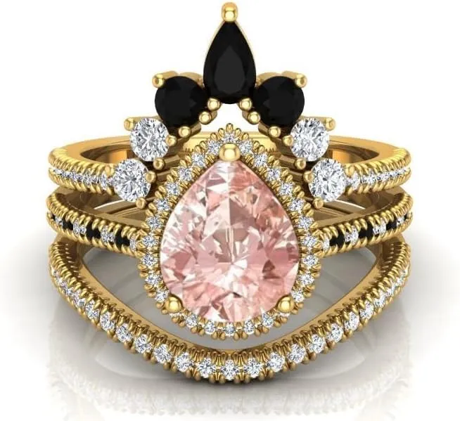 Vintage 108mm Pear Cut Pink Morganite Natural Gemstone Ring, 3pcs Crown Shaped Bridal Ring, 925 Sterling Silver Ring For Her