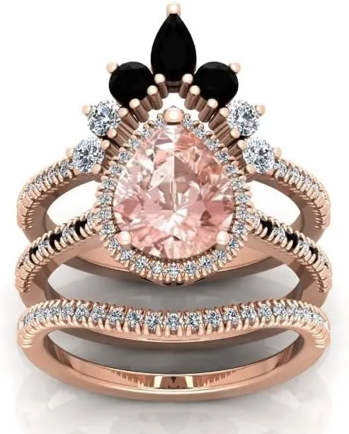 Vintage 108mm Pear Cut Pink Morganite Natural Gemstone Ring, 3pcs Crown Shaped Bridal Ring, 925 Sterling Silver Ring For Her