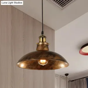 Vintage Bowl Pendant Lamp - 12" / 14" W 1-Light Wrought Iron Hanging Fixture - Black/Grey - Plug-in Cord