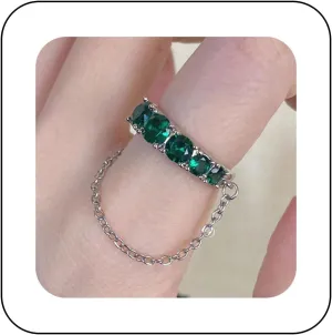 Vintage Emerald Chain Rings Green Crystal Rings Adjustable Emerald Finger Rings Adjustable Green Knuckle Ring Hand Jewelry for Women