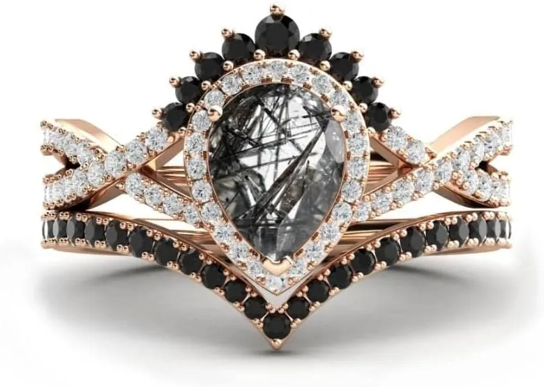 Vintage Pear Cut Black Rutilated Quartz Natural Gemstone Ring, 2pcs Bridal 925 Sterling Silver Ring For Her