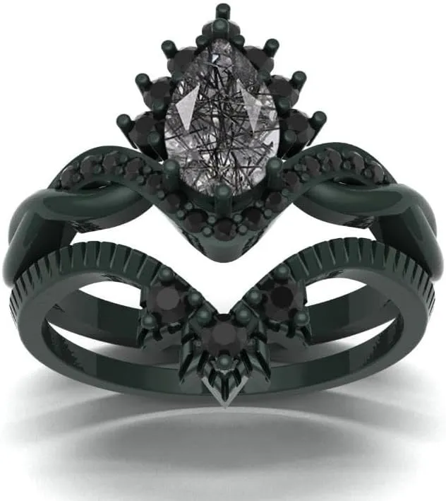 Vintage Pear Shaped Black Rutilated Quartz Natural Gemstone Ring, Crown 2pcs 925 Sterling Silver Ring For Her