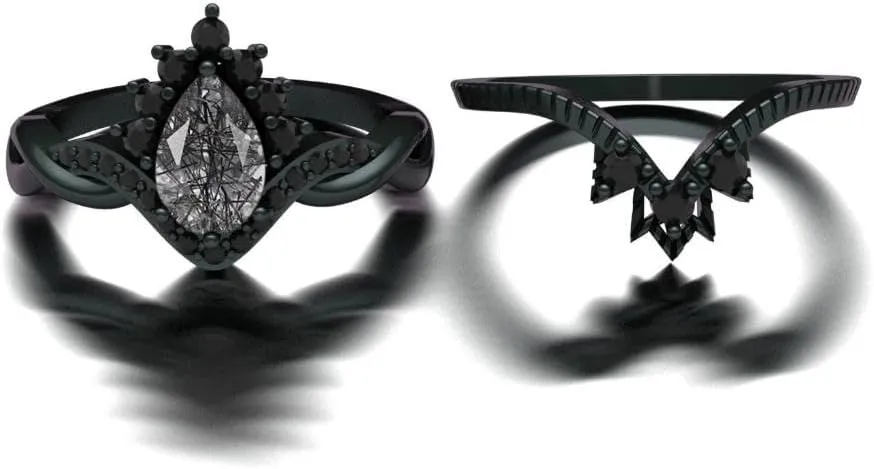 Vintage Pear Shaped Black Rutilated Quartz Natural Gemstone Ring, Crown 2pcs 925 Sterling Silver Ring For Her