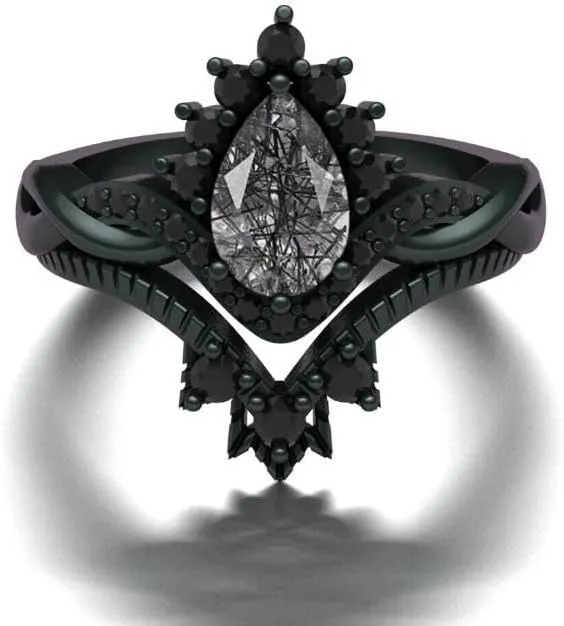 Vintage Pear Shaped Black Rutilated Quartz Natural Gemstone Ring, Crown 2pcs 925 Sterling Silver Ring For Her