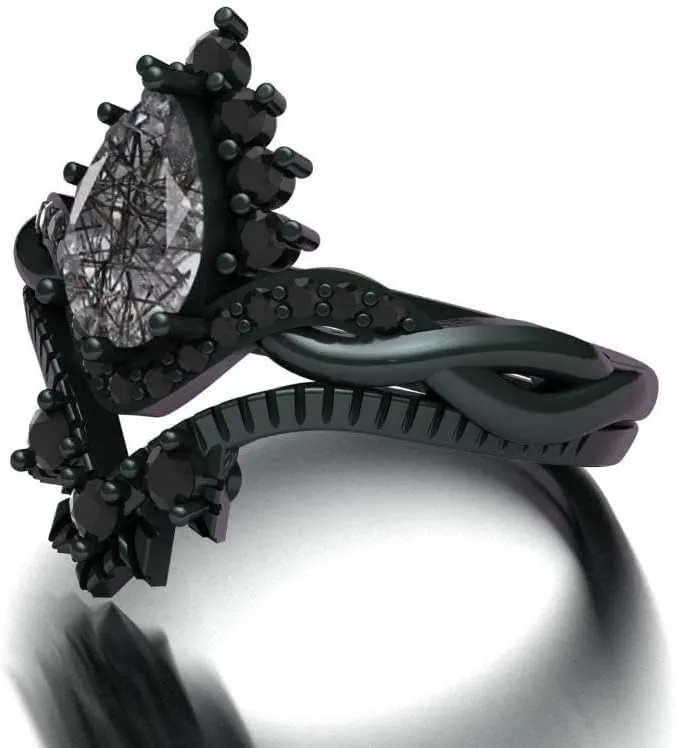 Vintage Pear Shaped Black Rutilated Quartz Natural Gemstone Ring, Crown 2pcs 925 Sterling Silver Ring For Her