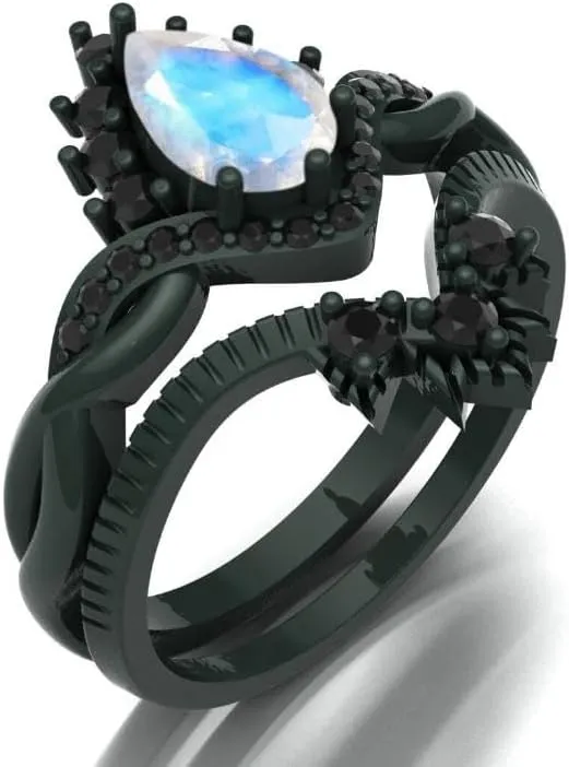Vintage Pear Shaped Moonstone Natural Gemstone Ring, Crown 2pcs 925 Sterling Silver Ring For Her