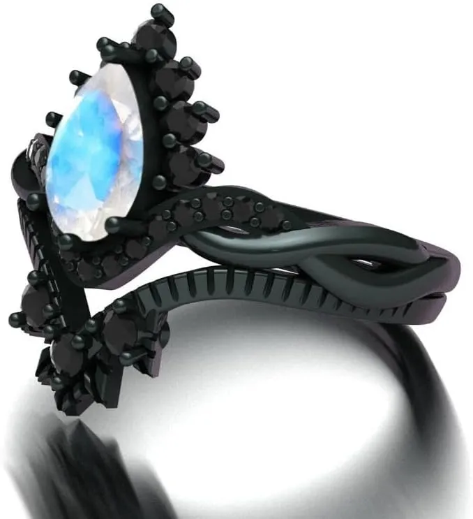Vintage Pear Shaped Moonstone Natural Gemstone Ring, Crown 2pcs 925 Sterling Silver Ring For Her