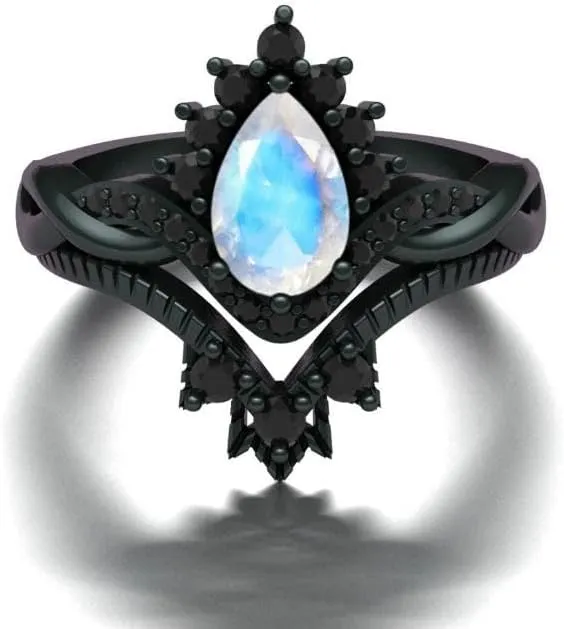 Vintage Pear Shaped Moonstone Natural Gemstone Ring, Crown 2pcs 925 Sterling Silver Ring For Her