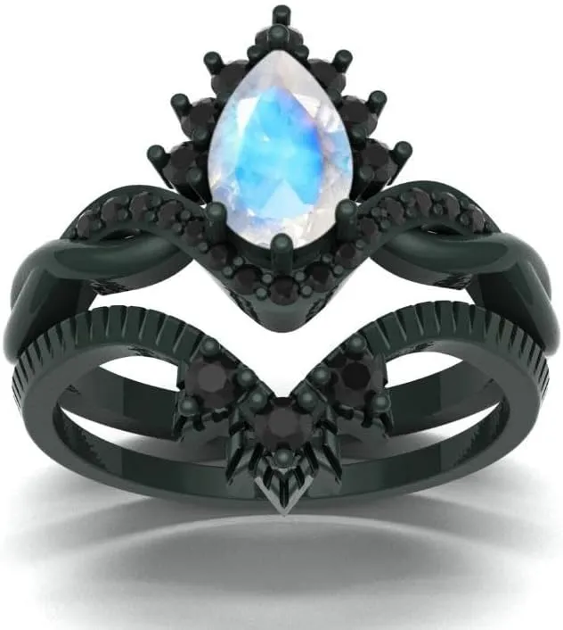 Vintage Pear Shaped Moonstone Natural Gemstone Ring, Crown 2pcs 925 Sterling Silver Ring For Her