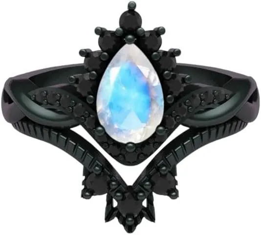Vintage Pear Shaped Moonstone Natural Gemstone Ring, Crown 2pcs 925 Sterling Silver Ring For Her