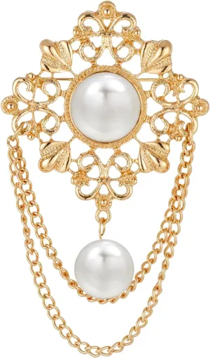 Vintage Round Pearl Filigree Flower Chain Tassel Brooches, Elegant Flower Badge Brooches, Dainty Boho Baroque Gold Dangle Drop Pin for Dress Suit Accessories Boutonniere Ideas Gift