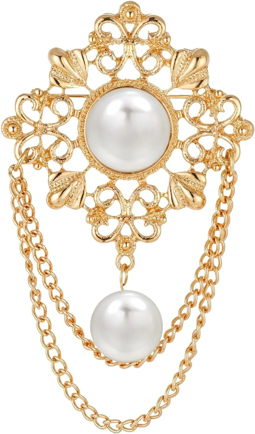 Vintage Round Pearl Filigree Flower Chain Tassel Brooches, Elegant Flower Badge Brooches, Dainty Boho Baroque Gold Dangle Drop Pin for Dress Suit Accessories Boutonniere Ideas Gift