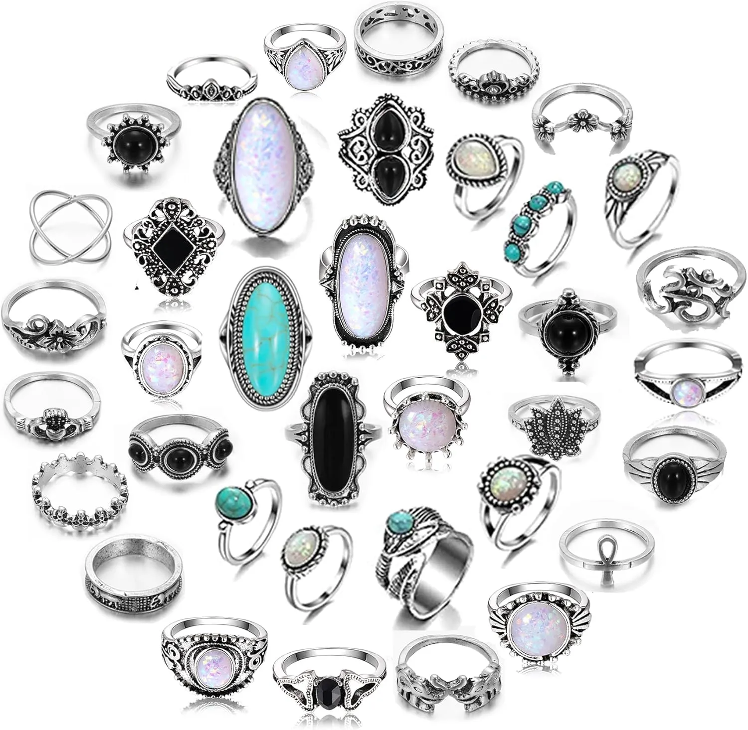Vintage Silver Knuckle Rings Set for Women Western Turquoise Rings Bohemian Midi Ring Bulk, Chunky Rings,Retro Stone Crystal Stackable Joint Finger Ring Pack