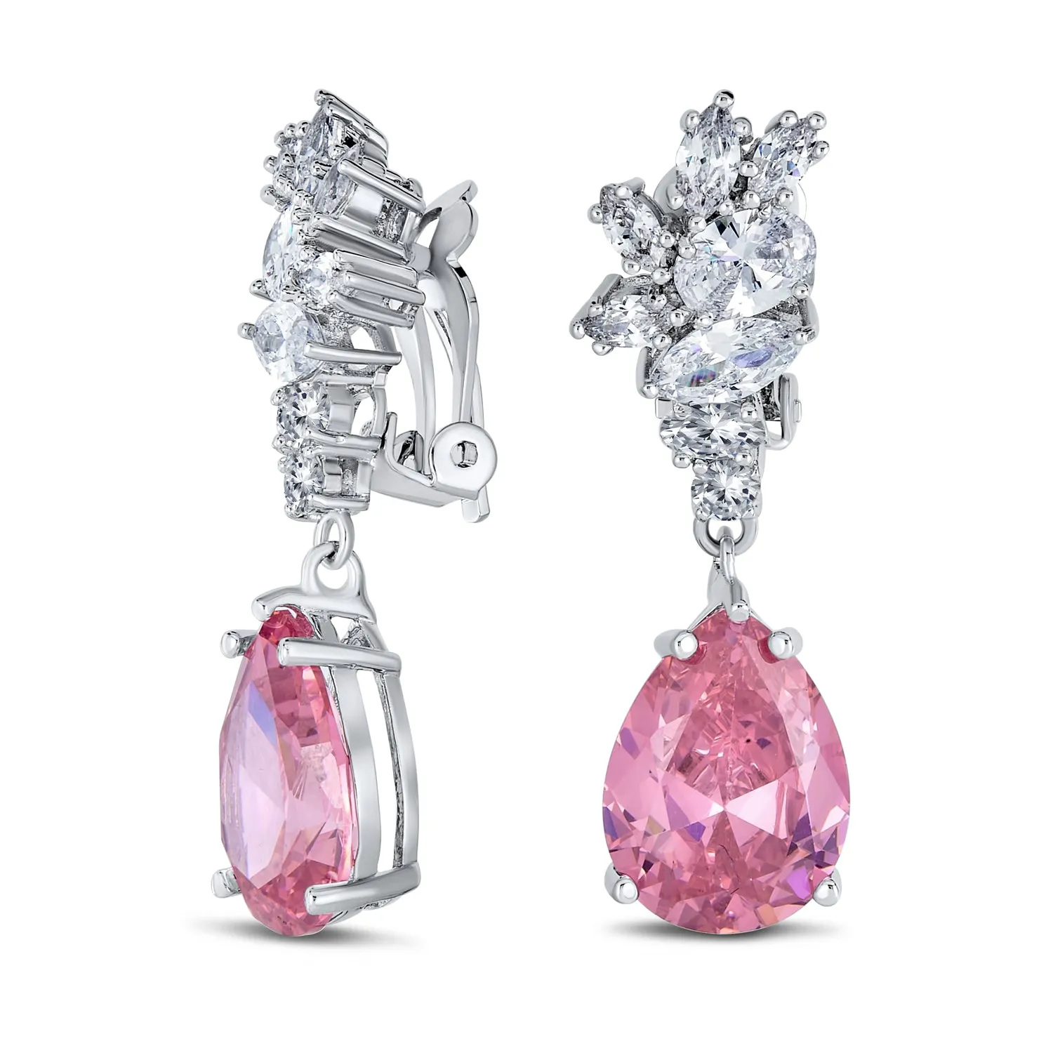 Vintage Style CZ Gemstone Leaf Teardrop Clip-On Earrings for Weddings & Proms