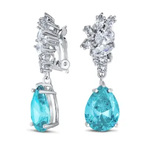 Vintage Style CZ Gemstone Leaf Teardrop Clip-On Earrings for Weddings & Proms