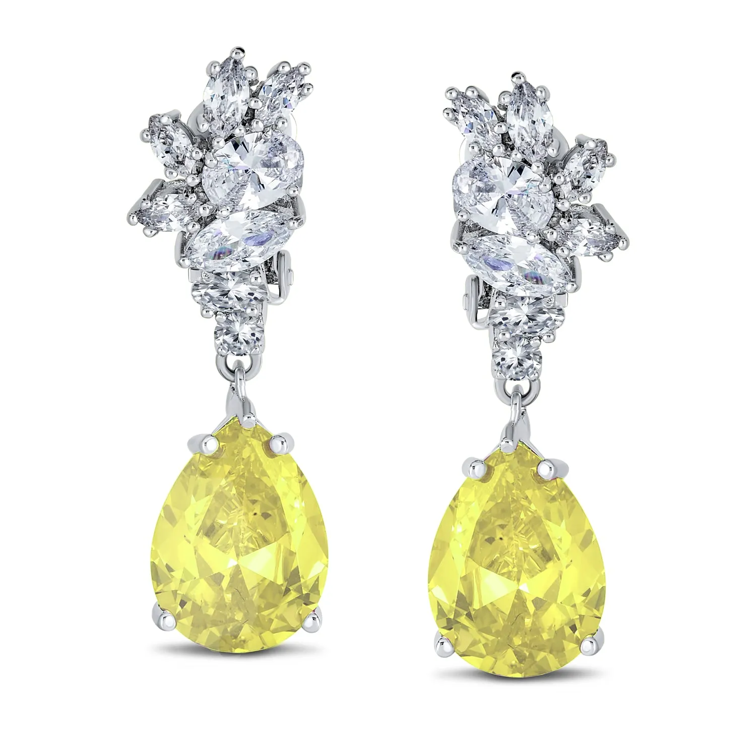 Vintage Style CZ Gemstone Leaf Teardrop Clip-On Earrings for Weddings & Proms