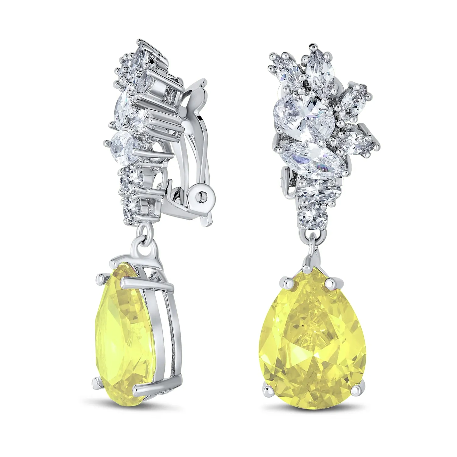 Vintage Style CZ Gemstone Leaf Teardrop Clip-On Earrings for Weddings & Proms