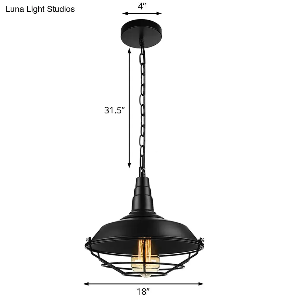 Vintage Wire Guard Pendant Light with Barn Shade - 10"/14"/18" Wide - Black/Bronze/Rust - Metal Hanging Fixture for Kitchen