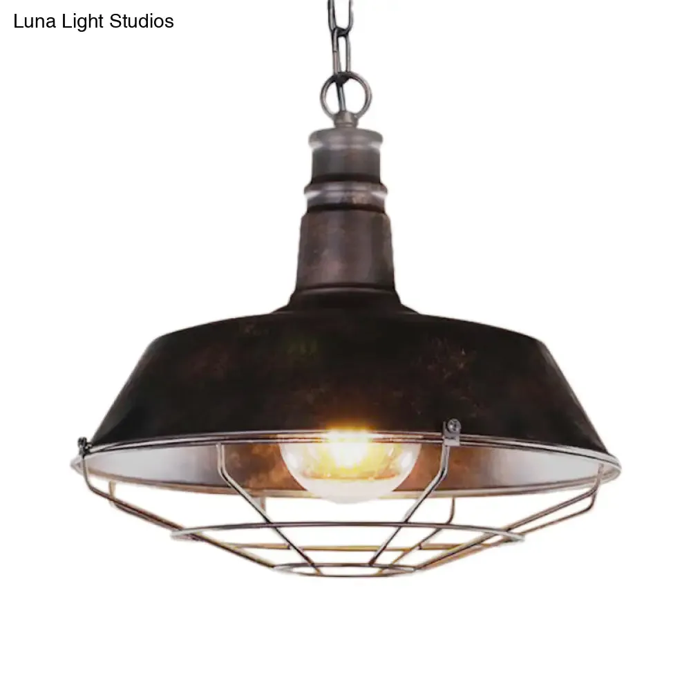 Vintage Wire Guard Pendant Light with Barn Shade - 10"/14"/18" Wide - Black/Bronze/Rust - Metal Hanging Fixture for Kitchen