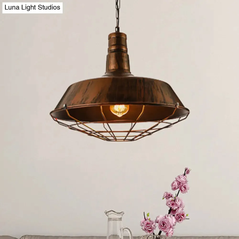 Vintage Wire Guard Pendant Light with Barn Shade - 10"/14"/18" Wide - Black/Bronze/Rust - Metal Hanging Fixture for Kitchen