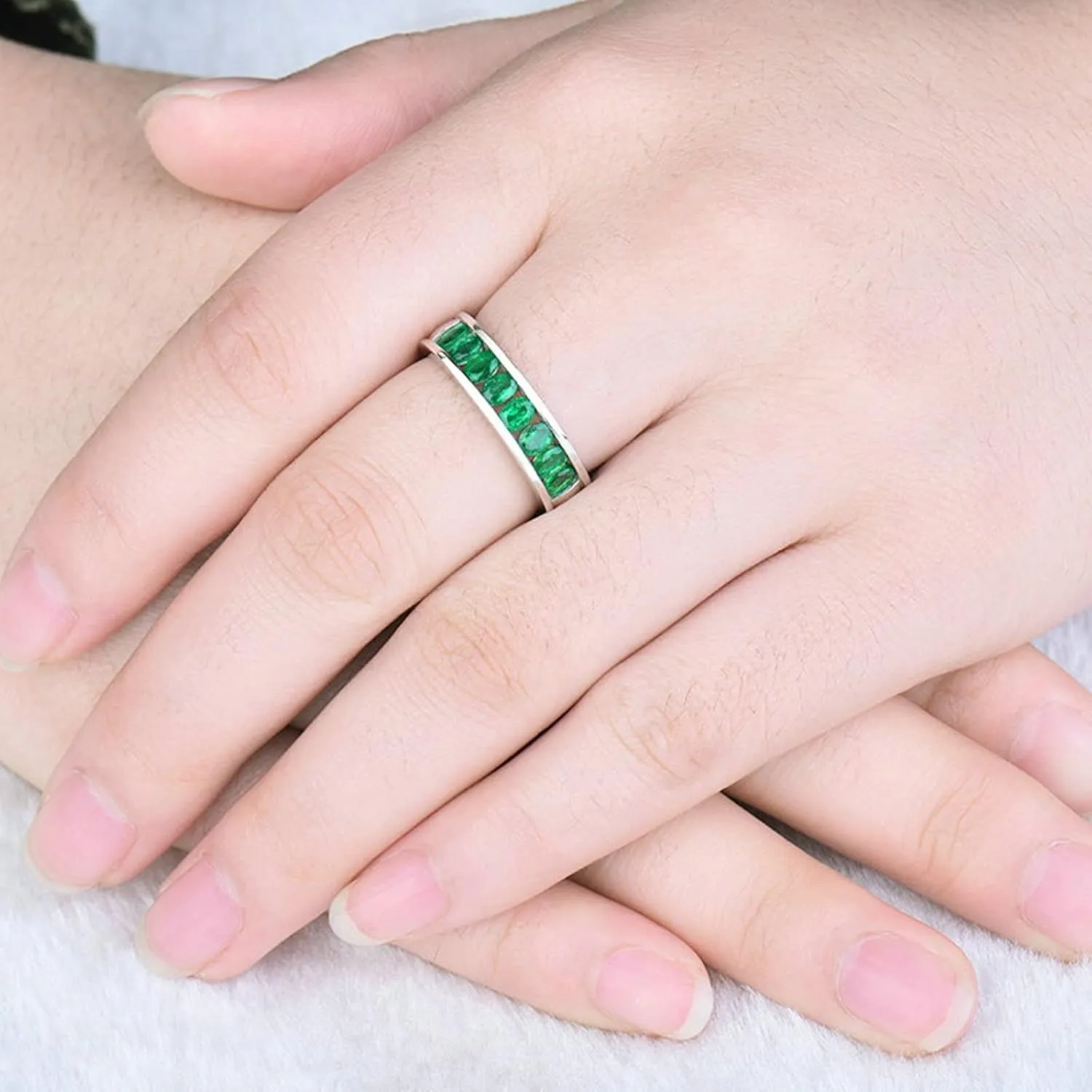 Wedding Rings for Women White Gold, Natural Gemstone Rings 18K Oval Shape Lab Created Emerald Gemstone 1.08ct Womens Fine Rings