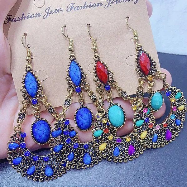 Wholesale Fashionable Vintage Exaggerated Real Gold Galvanized Gemstone Earrings