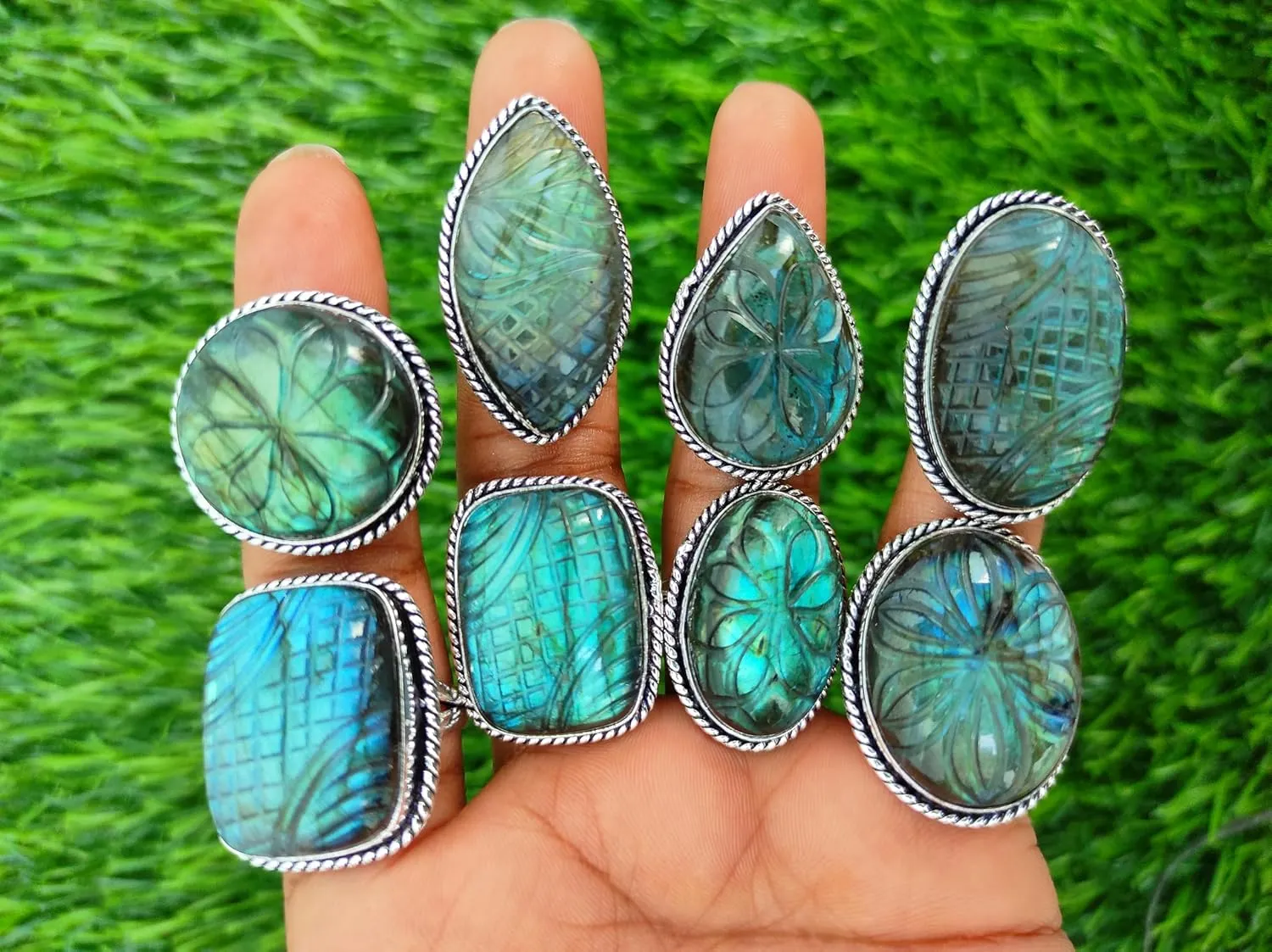 Wholesale Labradorite Stone Rings for Women, 925 Silver Plated Carvin Labradorite Rings, Bulk Gemstone Rings, Wholesale Jewelry, Statement Rings