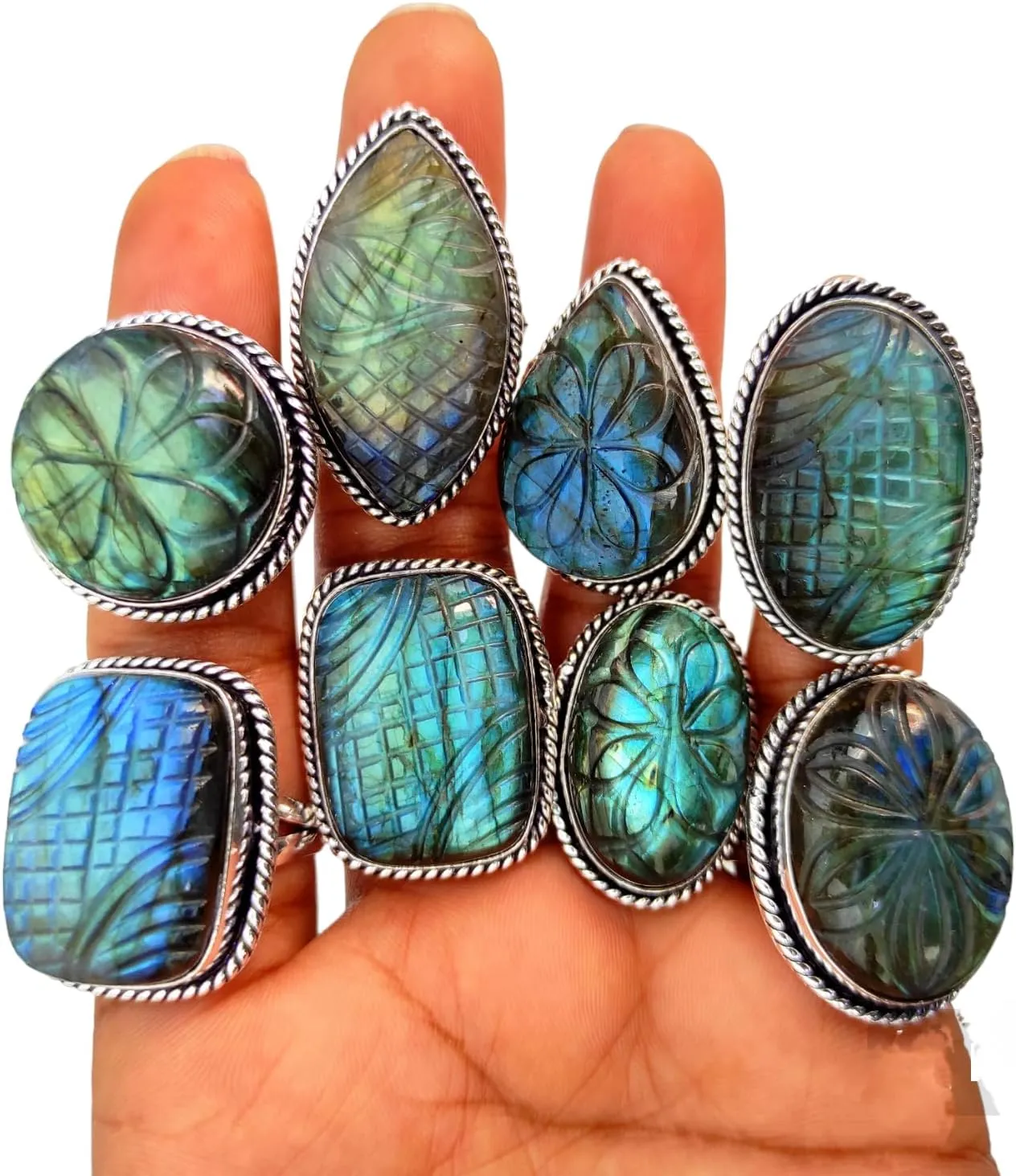 Wholesale Labradorite Stone Rings for Women, 925 Silver Plated Carvin Labradorite Rings, Bulk Gemstone Rings, Wholesale Jewelry, Statement Rings