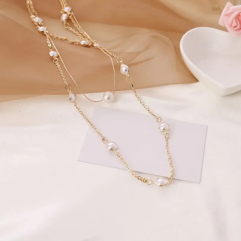 Women Multilayer Exquisite Pearl & Gold Clavicle Necklace Earrings Set