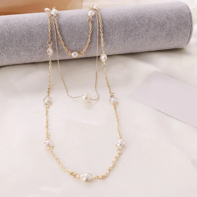 Women Multilayer Exquisite Pearl & Gold Clavicle Necklace Earrings Set