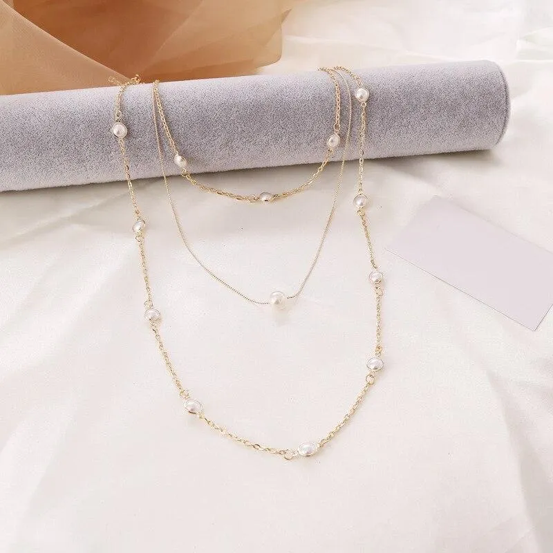 Women Multilayer Exquisite Pearl & Gold Clavicle Necklace Earrings Set
