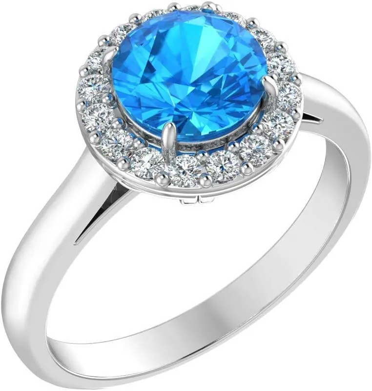 Womens 925 Sterling Silver Classic Solitaire Halo Center 7 mm Round Gemstone Birthstone Fine Jewelry Engagement Wedding Accessory Rings, 1.3 Carat Gemstone