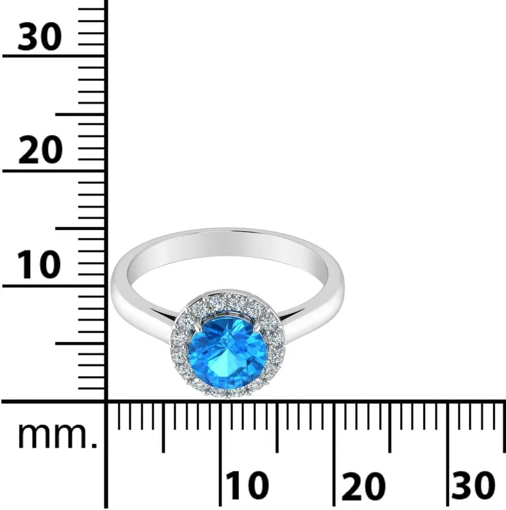 Womens 925 Sterling Silver Classic Solitaire Halo Center 7 mm Round Gemstone Birthstone Fine Jewelry Engagement Wedding Accessory Rings, 1.3 Carat Gemstone