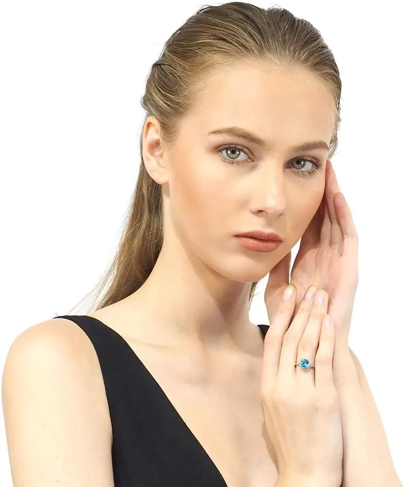 Womens 925 Sterling Silver Classic Solitaire Halo Center 7 mm Round Gemstone Birthstone Fine Jewelry Engagement Wedding Accessory Rings, 1.3 Carat Gemstone
