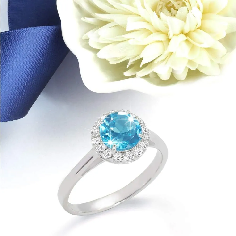 Womens 925 Sterling Silver Classic Solitaire Halo Center 7 mm Round Gemstone Birthstone Fine Jewelry Engagement Wedding Accessory Rings, 1.3 Carat Gemstone