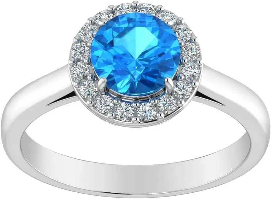 Womens 925 Sterling Silver Classic Solitaire Halo Center 7 mm Round Gemstone Birthstone Fine Jewelry Engagement Wedding Accessory Rings, 1.3 Carat Gemstone