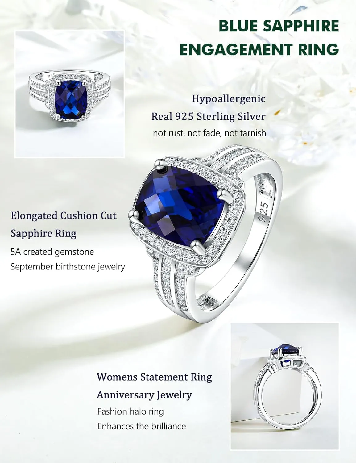 Womens Engagement Ring 925 Sterling Silver Oval Elongated Cushion Cut Sapphire/Ruby/Emerald/Opal Gemstone Anniversary Statement Cocktail Halo Ring Size 6 to 10 (with Gift Box)