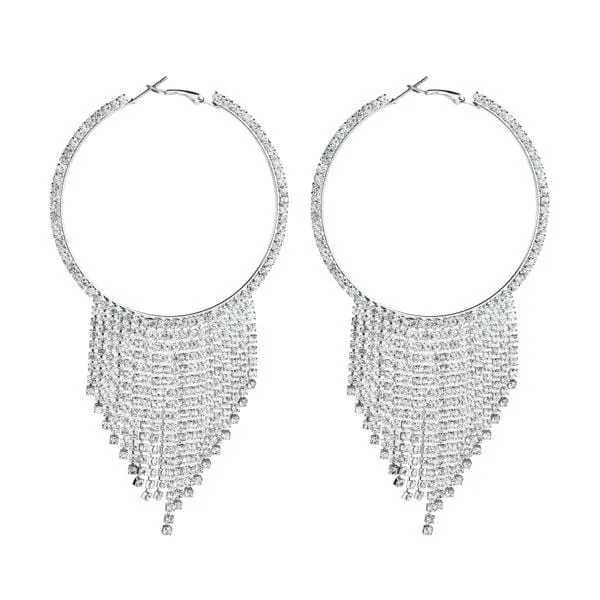 Womens Silver Tone Big Hoop Tassel Drop Earrings