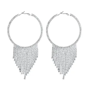 Womens Silver Tone Big Hoop Tassel Drop Earrings