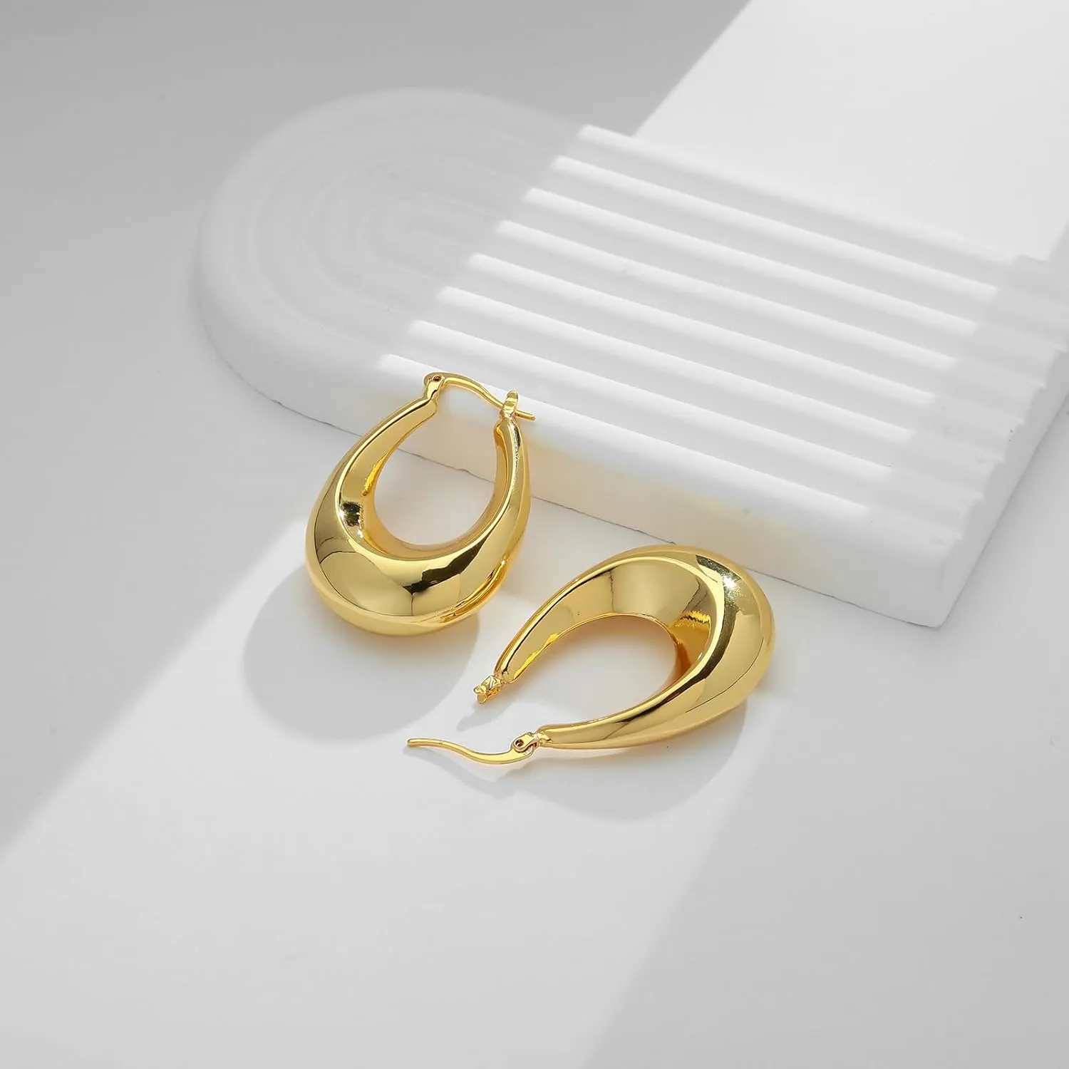 WOWORAMA Big Chunky Hoop Earrings for Women Silver Gold Stainless Steel Hoop Earrings Oval Thick Hollow Tube Hoop Earrings 20/30/40MM Hoops