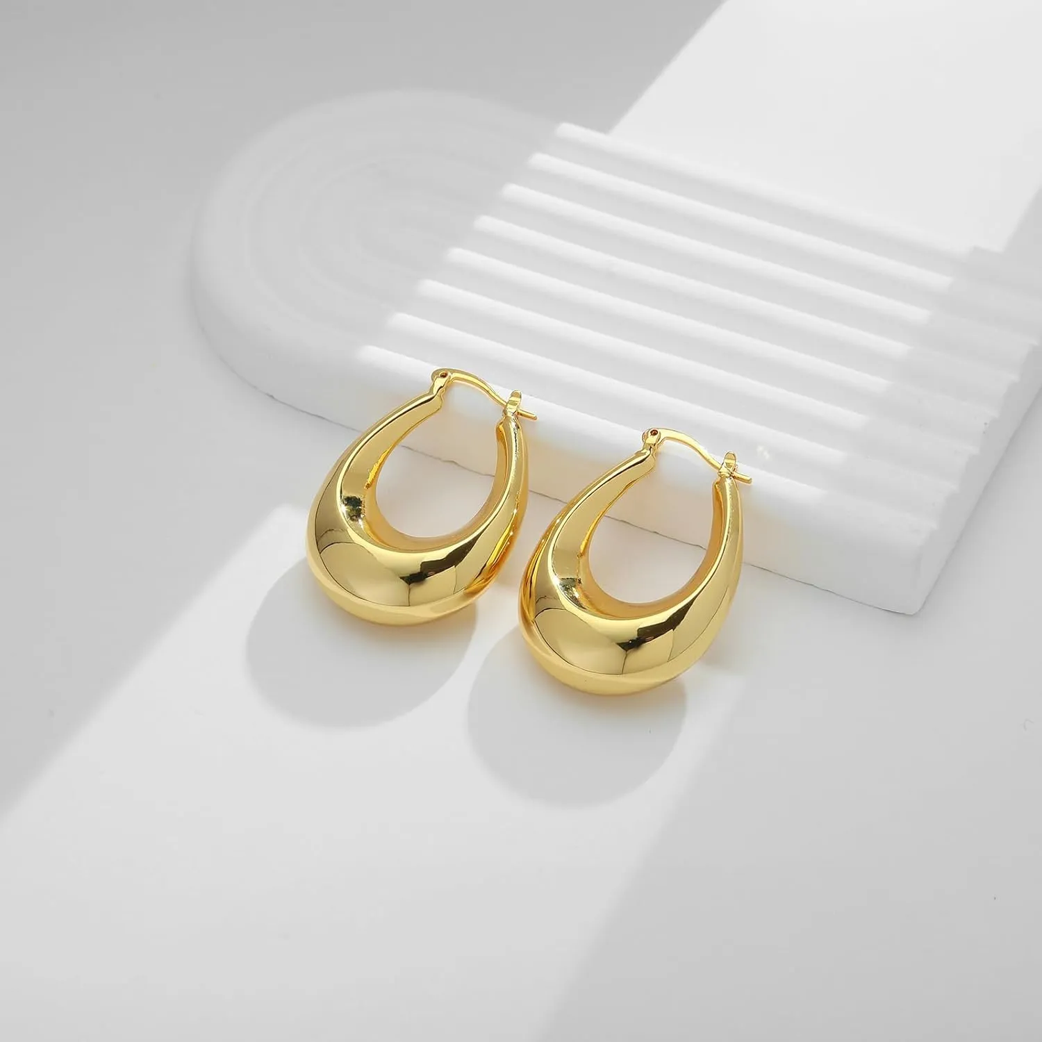 WOWORAMA Big Chunky Hoop Earrings for Women Silver Gold Stainless Steel Hoop Earrings Oval Thick Hollow Tube Hoop Earrings 20/30/40MM Hoops